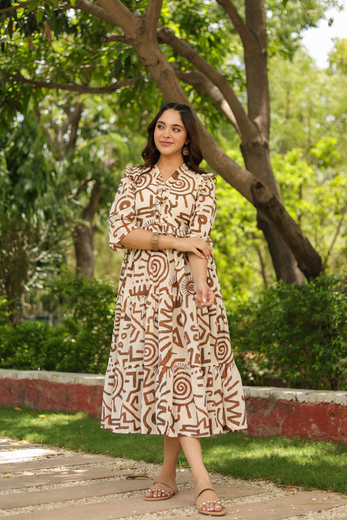 Women Abstract Printed Pure Cotton Tiered Fit & Flare Midi Dress
